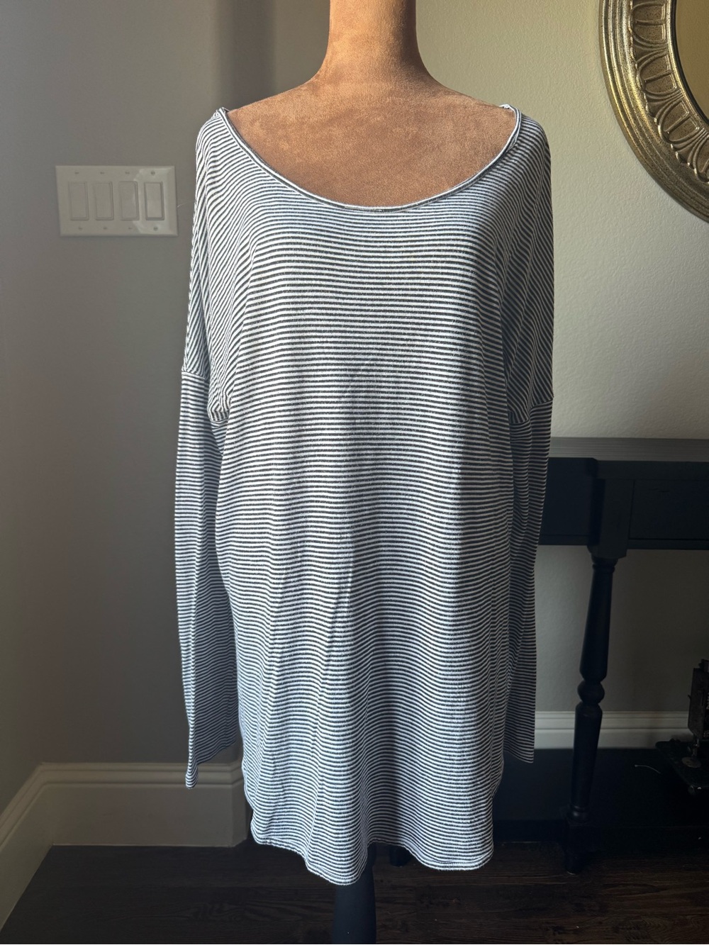 We The Free XL Black White Striped Tunic Oversized Boat Neck Long Sleeve
